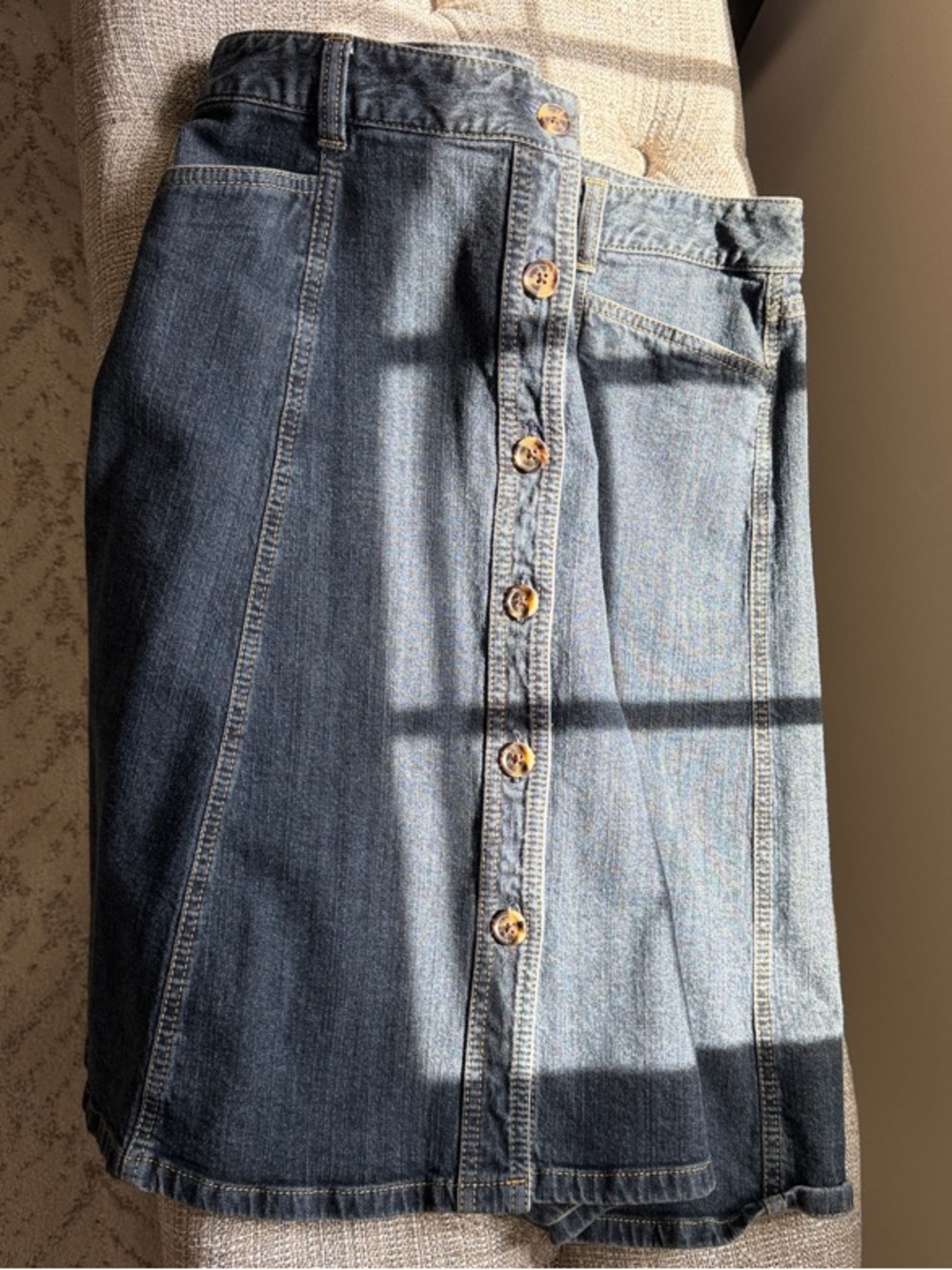 Women’s Denim Button-Front Skirt Blue Distressed knee length Comfy 14 Large Hot